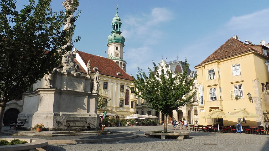 P1040863.JPG - Sopron, piazza Fo Ter, la Colonna Mariana e dietro Casa Storno.